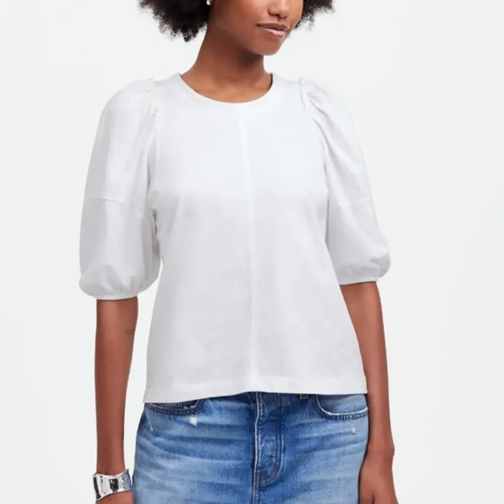 Madewell Puff-Sleeve Tee WMNS XS White Crew Neck Cotton Relaxed Fit Ruffle Trim
